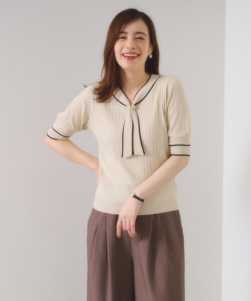 ITS'DEMO（イッツデモ）の「【手洗い可】配色ボウタイニット（ニット/セーター・レディース・ベビーピンク/アイボリー/ブラック/ダークブラウン・00）」の2枚目の写真