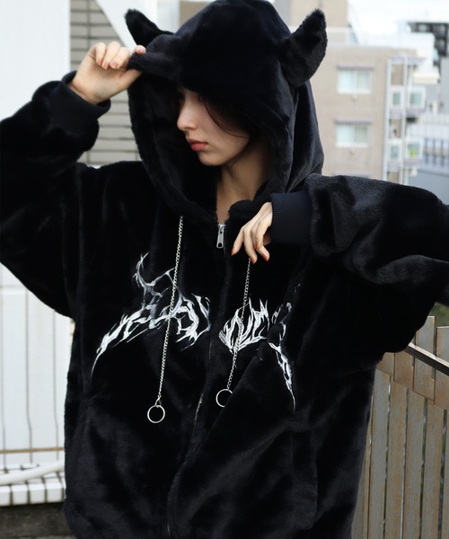 セール】角耳フード付き トライバル刺繍 ファーパーカー（パーカー
