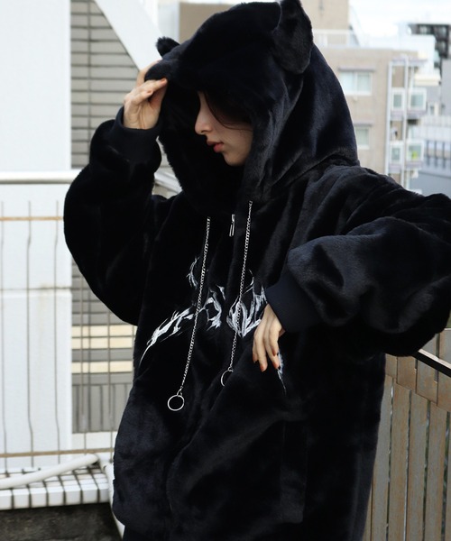 セール】角耳フード付き トライバル刺繍 ファーパーカー（パーカー