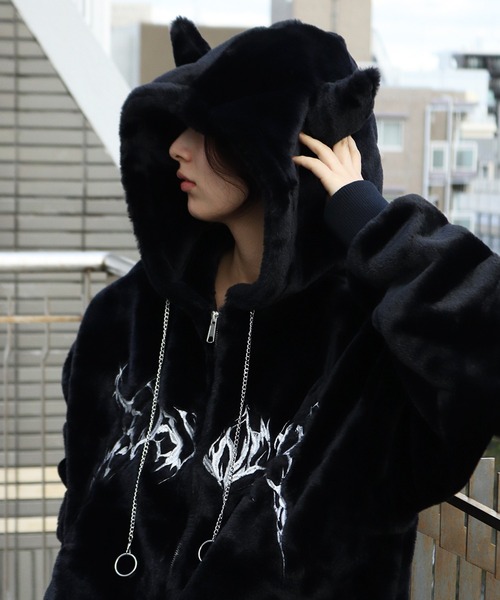 セール】角耳フード付き トライバル刺繍 ファーパーカー（パーカー