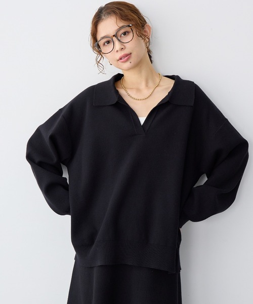 anyfee（エニフィー）の「【anyfee/大きいサイズ】ポロスキッパーニットプルオーバー《セットアップ対応》◆新色追加◆（ニット/セーター・レディース・サックスブルー/オフホワイト/ブラック/ピンク/杢グレー・LL/3L/4L/5L）」の3枚目の写真