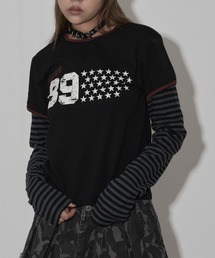 Midnight Move（ミッドナイトムーブ）の「A'GEM/9 × .kom 『MIDNIGHT MOVE/ミッドナイトムーブ』star 89 long sleeve/スター ナンバリングデザイン フェイクレイヤード ボーダー長袖Tシャツ（Tシャツ/カットソー）」