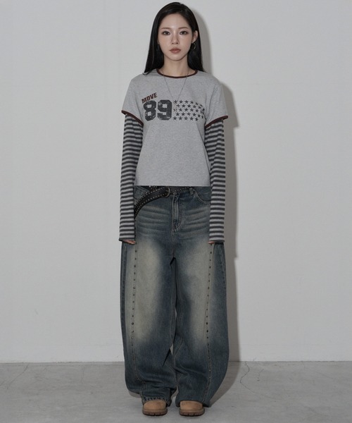 .KOM（ドットコム）の「A'GEM/9 × .kom 『MIDNIGHT MOVE/ミッドナイトムーブ』star 89 long sleeve/スター ナンバリングデザイン フェイクレイヤード ボーダー長袖Tシャツ（Tシャツ/カットソー・レディース・ブラック/グレー/ブラウン・FREE）」の9枚目の写真