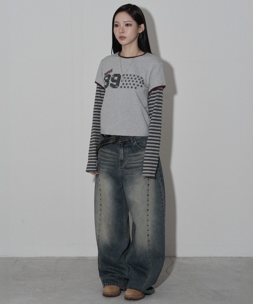 .KOM（ドットコム）の「A'GEM/9 × .kom 『MIDNIGHT MOVE/ミッドナイトムーブ』star 89 long sleeve/スター ナンバリングデザイン フェイクレイヤード ボーダー長袖Tシャツ（Tシャツ/カットソー・レディース・ブラック/グレー/ブラウン・FREE）」の10枚目の写真