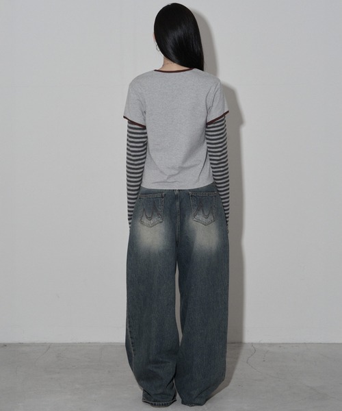 .KOM（ドットコム）の「A'GEM/9 × .kom 『MIDNIGHT MOVE/ミッドナイトムーブ』star 89 long sleeve/スター ナンバリングデザイン フェイクレイヤード ボーダー長袖Tシャツ（Tシャツ/カットソー・レディース・ブラック/グレー/ブラウン・FREE）」の11枚目の写真