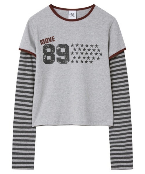 .KOM（ドットコム）の「A'GEM/9 × .kom 『MIDNIGHT MOVE/ミッドナイトムーブ』star 89 long sleeve/スター ナンバリングデザイン フェイクレイヤード ボーダー長袖Tシャツ（Tシャツ/カットソー・レディース・ブラック/グレー/ブラウン・FREE）」の12枚目の写真