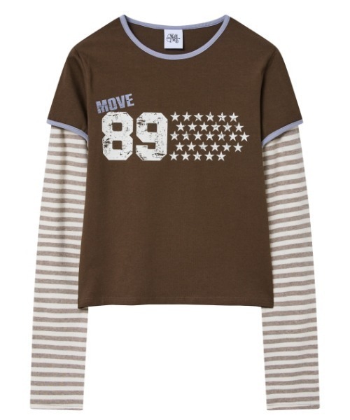 .KOM（ドットコム）の「A'GEM/9 × .kom 『MIDNIGHT MOVE/ミッドナイトムーブ』star 89 long sleeve/スター ナンバリングデザイン フェイクレイヤード ボーダー長袖Tシャツ（Tシャツ/カットソー・レディース・ブラック/グレー/ブラウン・FREE）」の20枚目の写真