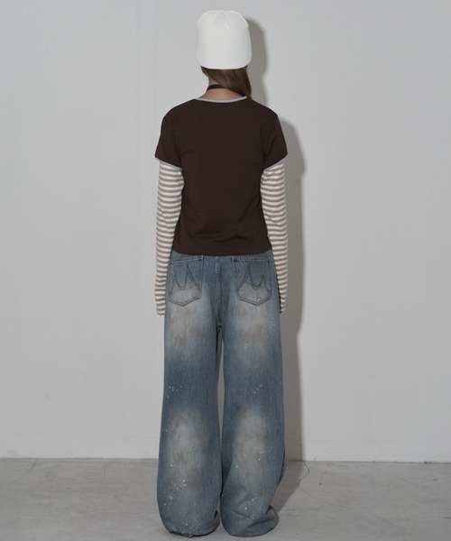 .KOM（ドットコム）の「A'GEM/9 × .kom 『MIDNIGHT MOVE/ミッドナイトムーブ』star 89 long sleeve/スター ナンバリングデザイン フェイクレイヤード ボーダー長袖Tシャツ（Tシャツ/カットソー・レディース・ブラック/グレー/ブラウン・FREE）」の19枚目の写真