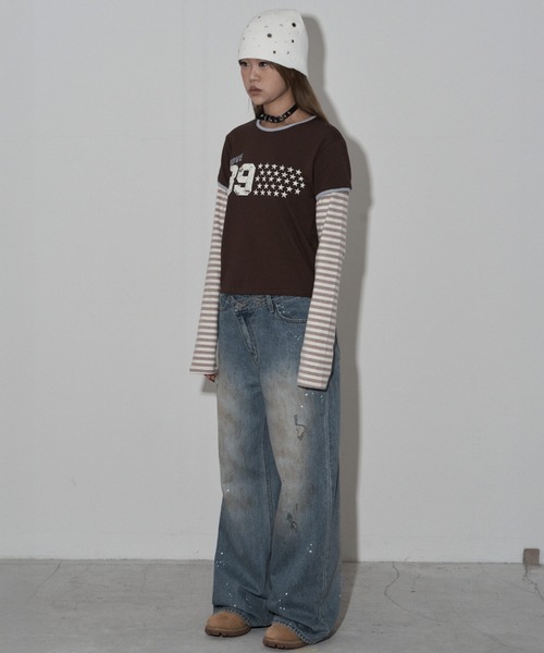 .KOM（ドットコム）の「A'GEM/9 × .kom 『MIDNIGHT MOVE/ミッドナイトムーブ』star 89 long sleeve/スター ナンバリングデザイン フェイクレイヤード ボーダー長袖Tシャツ（Tシャツ/カットソー・レディース・ブラック/グレー/ブラウン・FREE）」の18枚目の写真