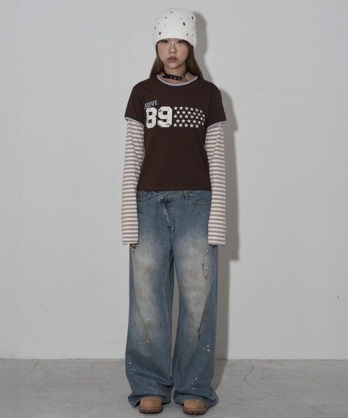 .KOM（ドットコム）の「A'GEM/9 × .kom 『MIDNIGHT MOVE/ミッドナイトムーブ』star 89 long sleeve/スター ナンバリングデザイン フェイクレイヤード ボーダー長袖Tシャツ（Tシャツ/カットソー・レディース・ブラック/グレー/ブラウン・FREE）」の17枚目の写真