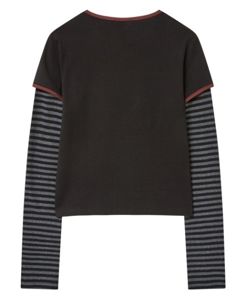 .KOM（ドットコム）の「A'GEM/9 × .kom 『MIDNIGHT MOVE/ミッドナイトムーブ』star 89 long sleeve/スター ナンバリングデザイン フェイクレイヤード ボーダー長袖Tシャツ（Tシャツ/カットソー・レディース・ブラック/グレー/ブラウン・FREE）」の5枚目の写真