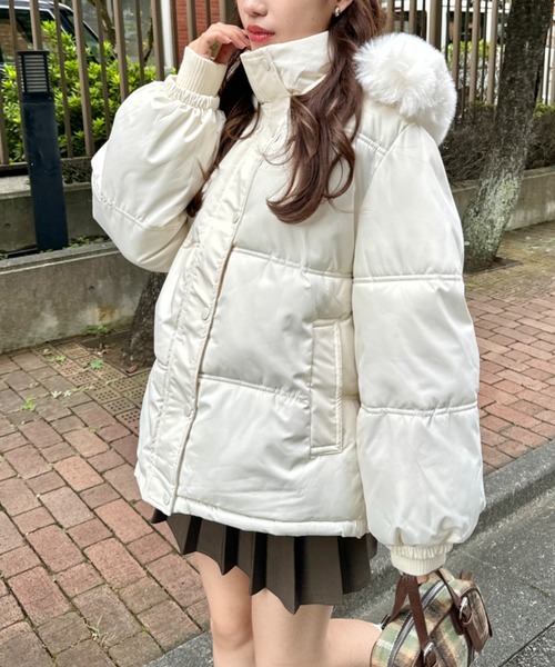 セール】ボリュームフェイクファーフードパデッドジャケット（ダウン