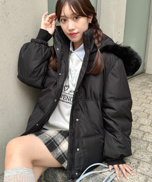 セール】ボリュームフェイクファーフードパデッドジャケット（ダウン