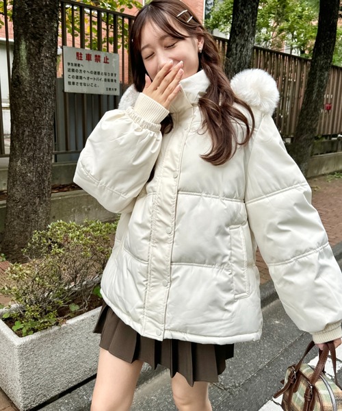 セール】ボリュームフェイクファーフードパデッドジャケット（ダウン