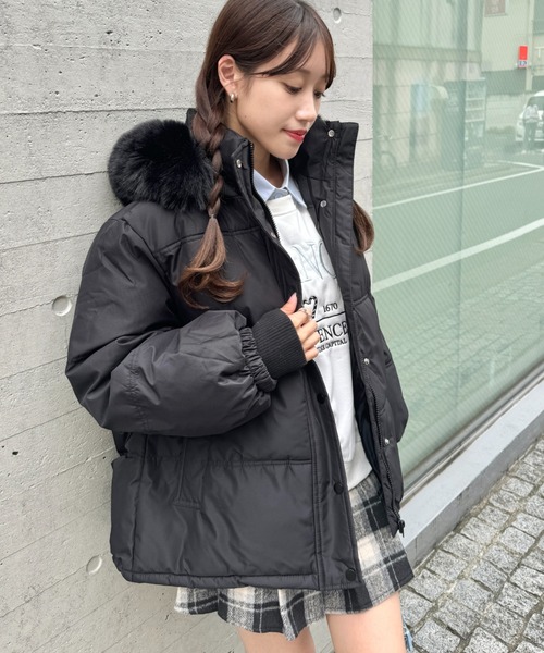 セール】ボリュームフェイクファーフードパデッドジャケット（ダウン