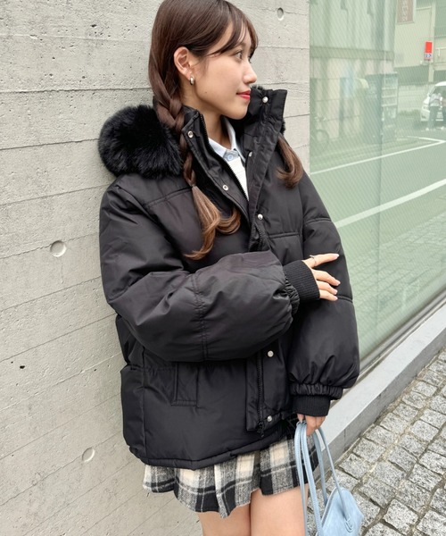 セール】ボリュームフェイクファーフードパデッドジャケット（ダウン