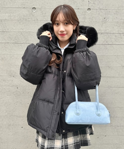 セール】ボリュームフェイクファーフードパデッドジャケット（ダウン