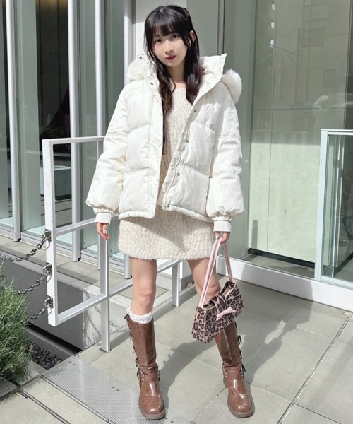 セール】ボリュームフェイクファーフードパデッドジャケット（ダウン