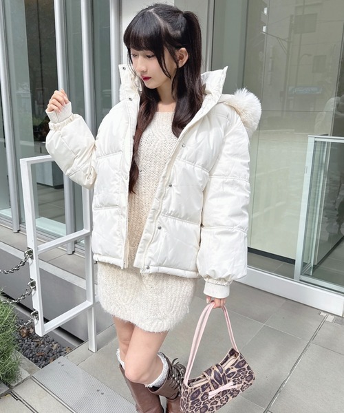 セール】ボリュームフェイクファーフードパデッドジャケット（ダウン