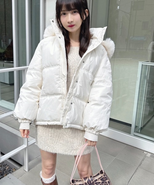 セール】ボリュームフェイクファーフードパデッドジャケット（ダウン