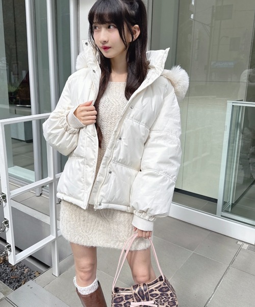 セール】ボリュームフェイクファーフードパデッドジャケット（ダウン