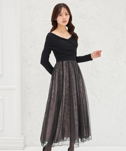 tocco closet(トッコ クローゼット)の「オフショルカットソー×ラメレースドッキングワンピース(ワンピース・レディース・ベージュ/ブラック・M)」の7枚目の写真