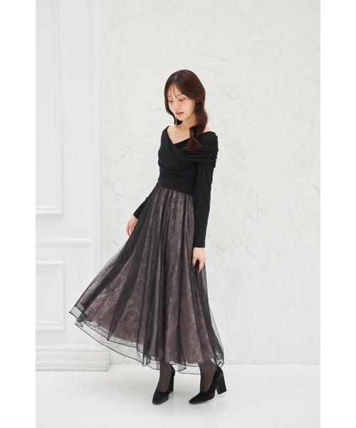 tocco closet(トッコ クローゼット)の「オフショルカットソー×ラメレースドッキングワンピース(ワンピース・レディース・ベージュ/ブラック・M)」の5枚目の写真