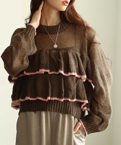 Sawa a la mode(サワアラモード)の「透かしモヘア配色フリルトップス(ニット/セーター・レディース・ブラウン/グレー・FREE)」の1枚目の写真