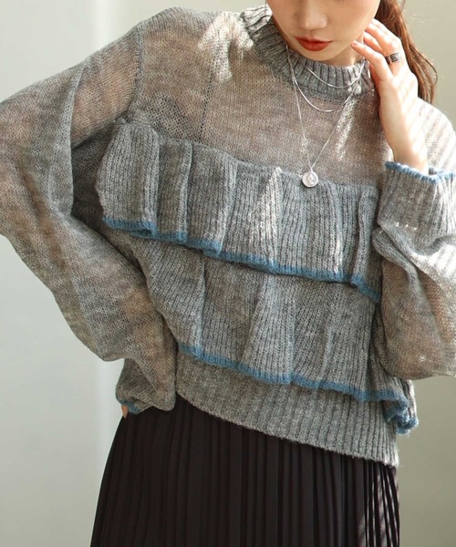 Sawa a la mode(サワアラモード)の「透かしモヘア配色フリルトップス(ニット/セーター・レディース・ブラウン/グレー・FREE)」の2枚目の写真