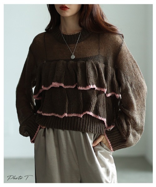Sawa a la mode(サワアラモード)の「透かしモヘア配色フリルトップス(ニット/セーター・レディース・ブラウン/グレー・FREE)」の3枚目の写真