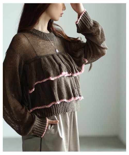 Sawa a la mode(サワアラモード)の「透かしモヘア配色フリルトップス(ニット/セーター・レディース・ブラウン/グレー・FREE)」の5枚目の写真