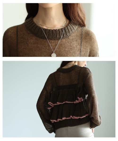 Sawa a la mode(サワアラモード)の「透かしモヘア配色フリルトップス(ニット/セーター・レディース・ブラウン/グレー・FREE)」の6枚目の写真