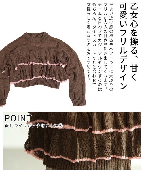 Sawa a la mode(サワアラモード)の「透かしモヘア配色フリルトップス(ニット/セーター・レディース・ブラウン/グレー・FREE)」の7枚目の写真