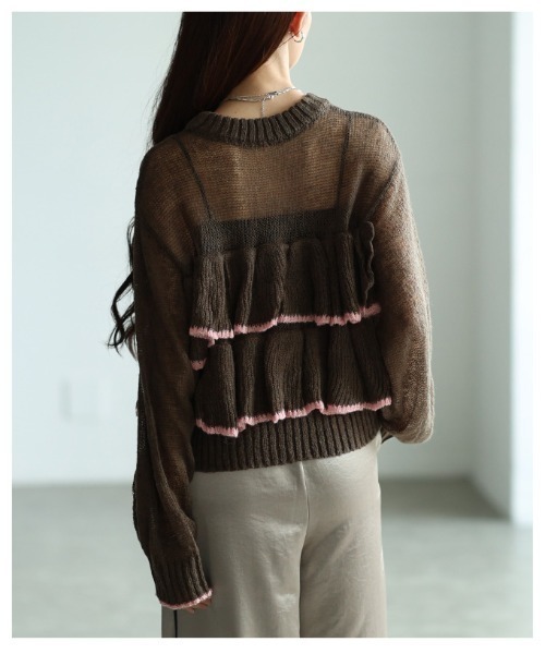 Sawa a la mode(サワアラモード)の「透かしモヘア配色フリルトップス(ニット/セーター・レディース・ブラウン/グレー・FREE)」の9枚目の写真