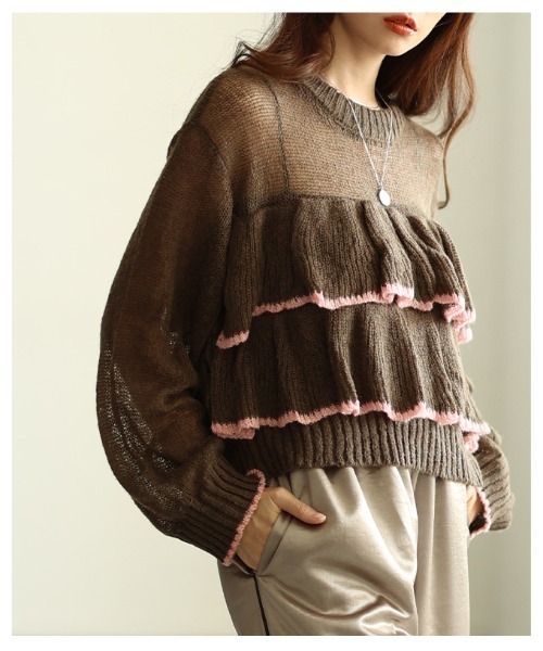 Sawa a la mode(サワアラモード)の「透かしモヘア配色フリルトップス(ニット/セーター・レディース・ブラウン/グレー・FREE)」の10枚目の写真