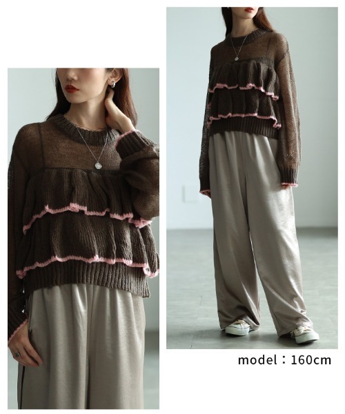 Sawa a la mode(サワアラモード)の「透かしモヘア配色フリルトップス(ニット/セーター・レディース・ブラウン/グレー・FREE)」の11枚目の写真