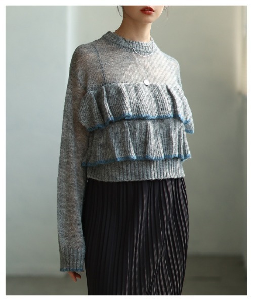 Sawa a la mode(サワアラモード)の「透かしモヘア配色フリルトップス(ニット/セーター・レディース・ブラウン/グレー・FREE)」の15枚目の写真