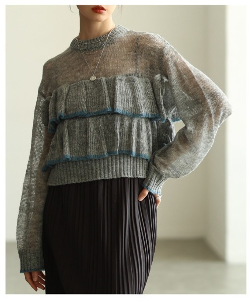 Sawa a la mode(サワアラモード)の「透かしモヘア配色フリルトップス(ニット/セーター・レディース・ブラウン/グレー・FREE)」の17枚目の写真