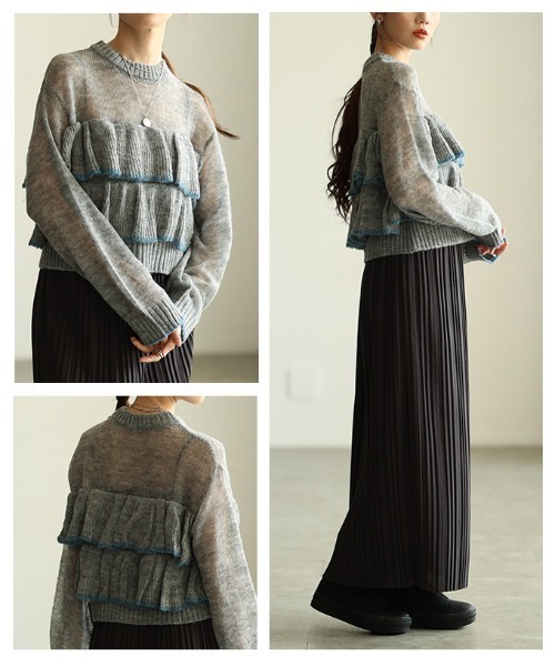 Sawa a la mode(サワアラモード)の「透かしモヘア配色フリルトップス(ニット/セーター・レディース・ブラウン/グレー・FREE)」の18枚目の写真