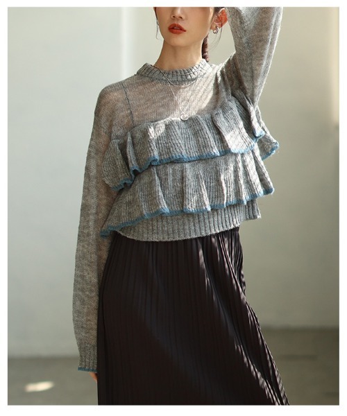 Sawa a la mode(サワアラモード)の「透かしモヘア配色フリルトップス(ニット/セーター・レディース・ブラウン/グレー・FREE)」の20枚目の写真