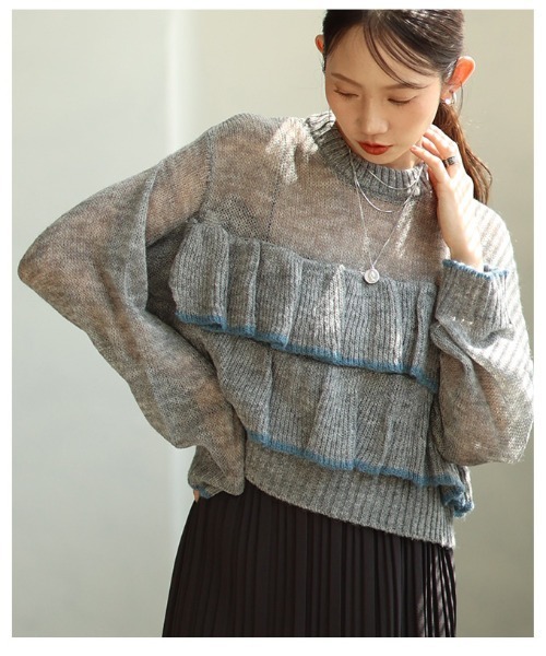 Sawa a la mode(サワアラモード)の「透かしモヘア配色フリルトップス(ニット/セーター・レディース・ブラウン/グレー・FREE)」の21枚目の写真