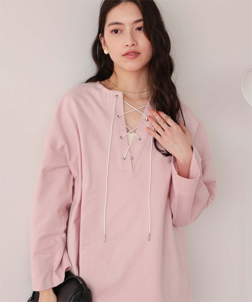 titivate(ティティベイト)の「レースアップデザインプルオーバー(Tシャツ/カットソー・レディース・オフホワイト/グレー/ピンク・SHORT/FREE)」の7枚目の写真
