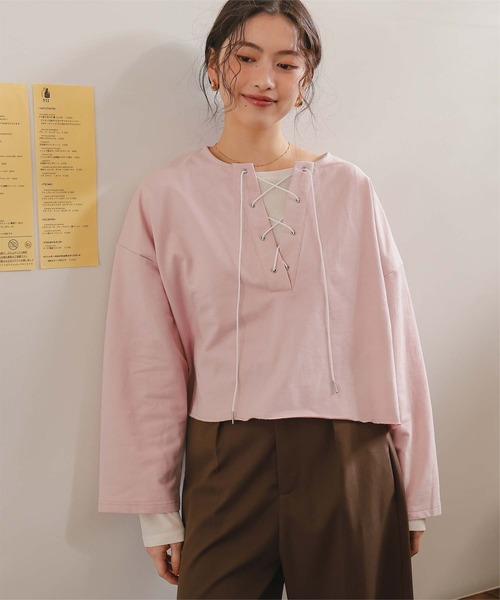 titivate(ティティベイト)の「レースアップデザインプルオーバー(Tシャツ/カットソー・レディース・オフホワイト/グレー/ピンク・SHORT/FREE)」の5枚目の写真