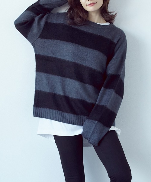 Bling Leads（ブリングリーズ）の「【RES】【Bling leads】クルーネックモヘアタッチオーバーサイズプルオーバー（ニット/セーター・レディース・チャコール/ブラック/ブラック×レッド/グレー系/グリーン系1/ライトグレー/グリーン/グリーン系/マスタード/ベージュ系/ブルー・M/L）」の5枚目の写真