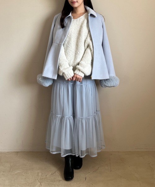 MISCH MASCH（ミッシュマッシュ）の「一部店舗限定  2way袖ファーペプラムコート（チェスターコート・レディース・ブルー/グレー/アイボリー・ﾌﾘ-）」の21枚目の写真