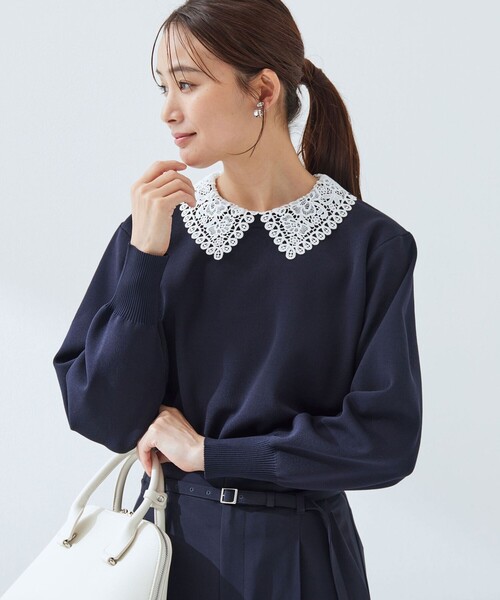 エリレース 2WAY ニット プルオーバー ウォッシャブル　ネイビー UNITED ARROWS green label relaxing 【WEB限定】エリレース 2WAY