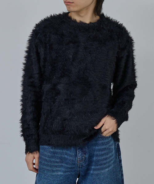 AH ABAHOUSE(エーエイチアバハウス)の「LONG SHAGGY CREW NECK KNIT / ロングシャギークルーネックニット(ニット/セーター・メンズ・グレー/ブルー/ブラック/ワイン・44/46/48)」の2枚目の写真