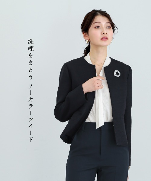 White Collection（ホワイトコレクション）の「【 セレモニーに映える 】 サイドリングツイード・カラーレスジャケット（ノーカラージャケット・レディース・オフホワイト/ネイビー・L/M/S）」の17枚目の写真