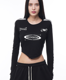 DXOH（ディソエイチ）の「シーズンロゴユニフォームセミウォーマークロップTシャツ[ブラック]（Tシャツ/カットソー）」