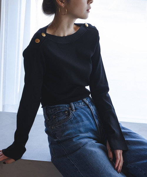 Noble（ノーブル）の「ショルダーボタンニットプルオーバー（ニット/セーター・レディース・ホワイト系その他/マルチ/ブラック・FREE）」の5枚目の写真